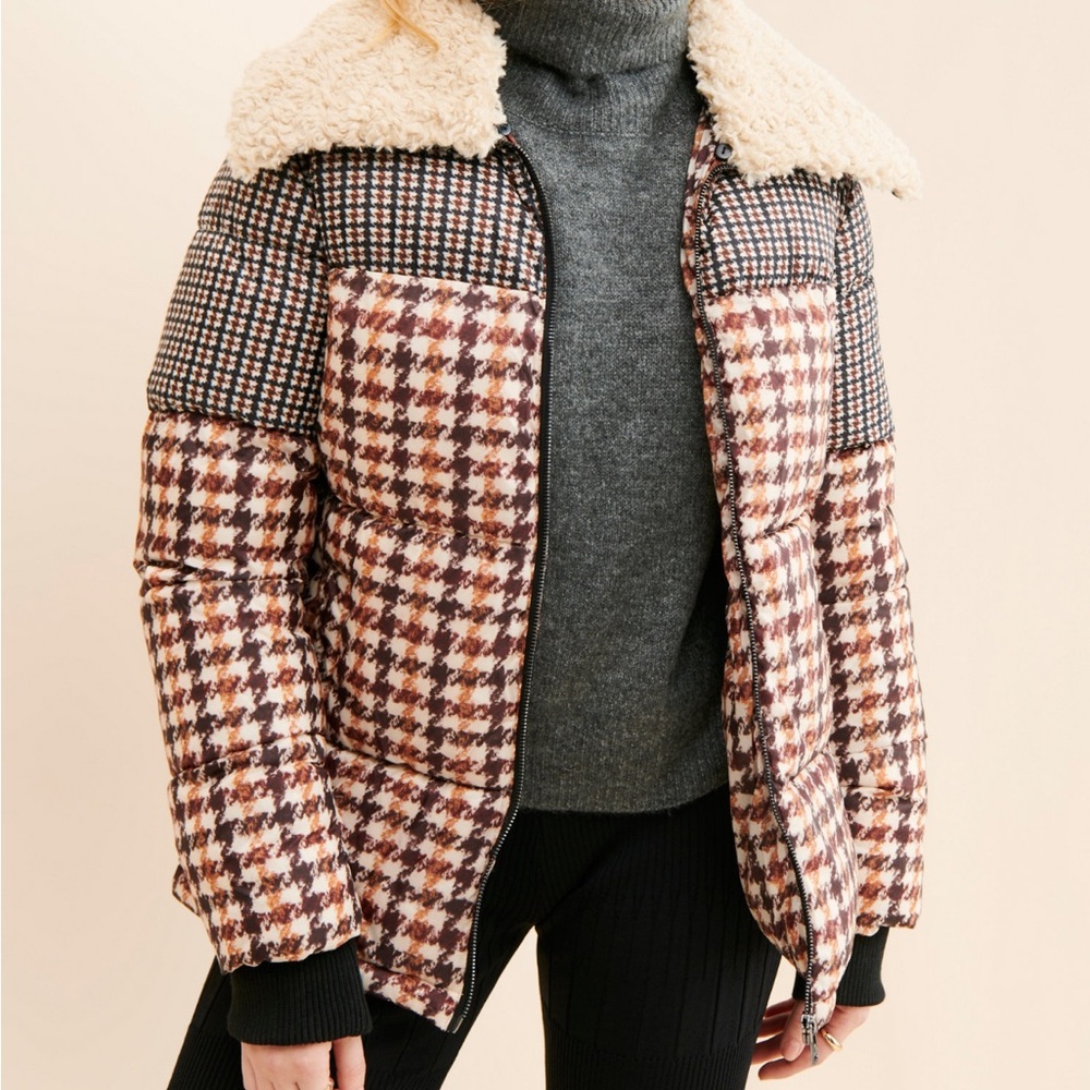 Bernardo Women's Plaid Puffer Jacket with Shearling Collar